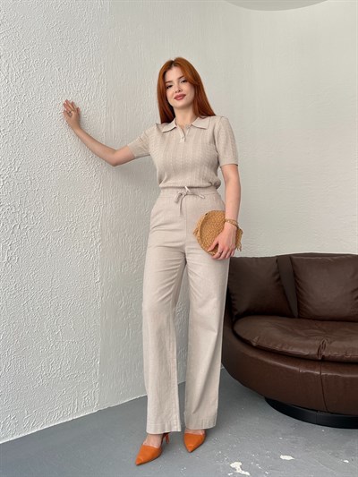 Kırçıllı Beli Lastikli Pantolon Taş