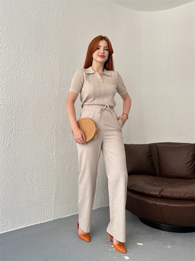 Kırçıllı Beli Lastikli Pantolon Taş