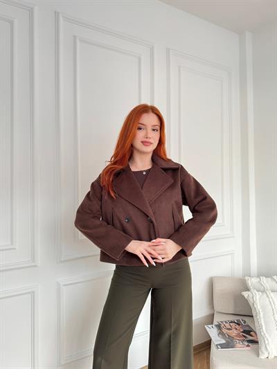 Kırçıllı Kaşe Crop Mont Koyu kahve
