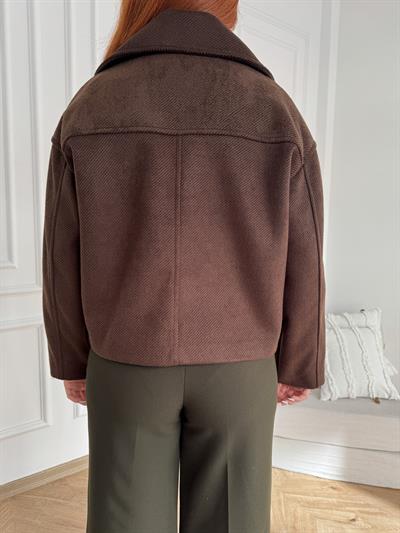 Kırçıllı Kaşe Crop Mont Koyu kahve