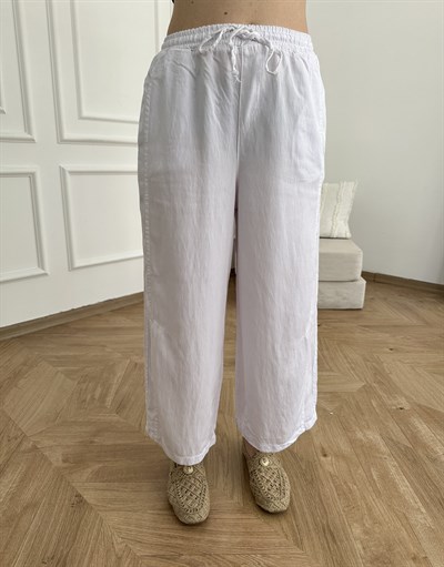 Kısa Bol Paça Tencel Pantolon Beyaz