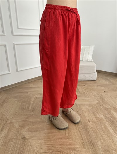 Kısa Bol Paça Tencel Pantolon Kırmızı
