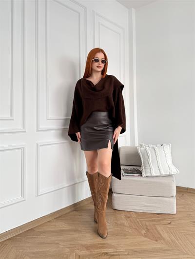 Kısa Deri Etek Acı kahve