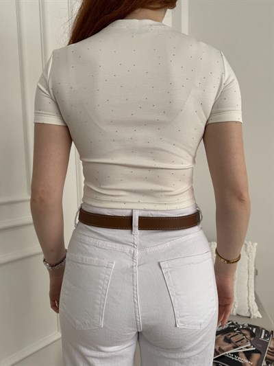 Kısa Kol Taşlı Crop Bluz Ekru