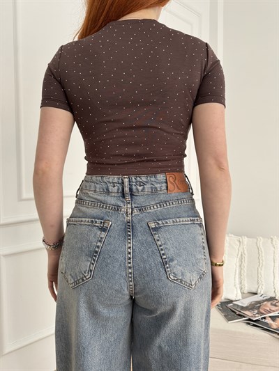Kısa Kol Taşlı Crop Bluz Kahve