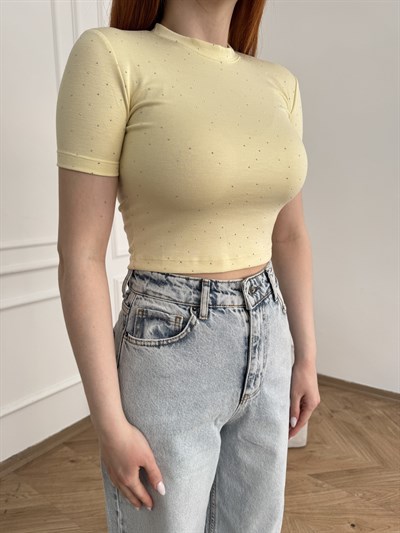 Kısa Kol Taşlı Crop Bluz Sarı