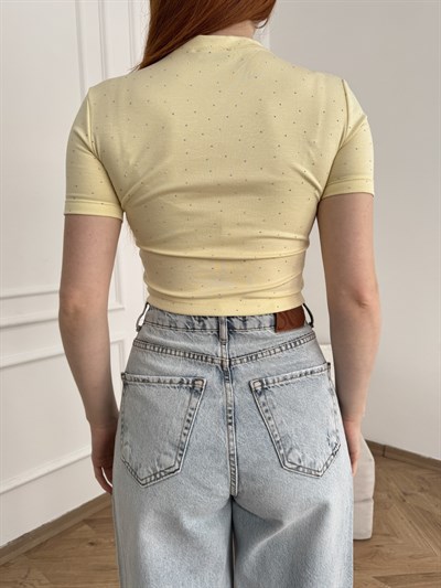 Kısa Kol Taşlı Crop Bluz Sarı