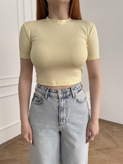Kısa Kol Taşlı Crop Bluz Sarı
