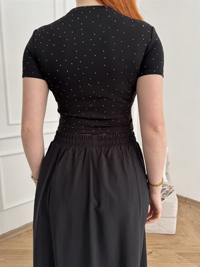 Kısa Kol Taşlı Crop Bluz Siyah