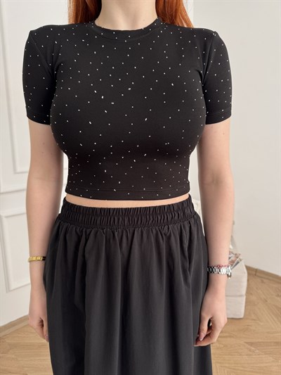 Kısa Kol Taşlı Crop Bluz Siyah
