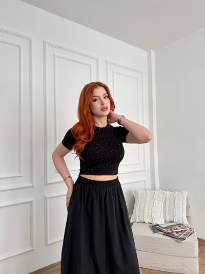 Kısa Kol Taşlı Crop Bluz Siyah