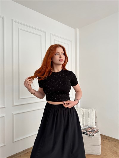 Kısa Kol Taşlı Crop Bluz Siyah
