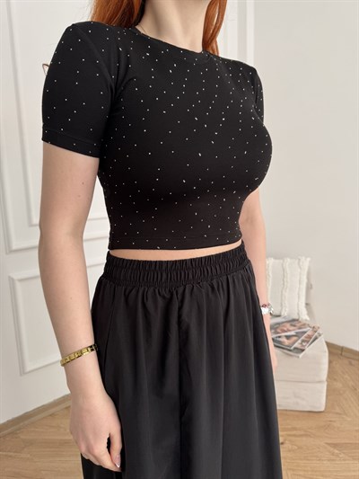 Kısa Kol Taşlı Crop Bluz Siyah