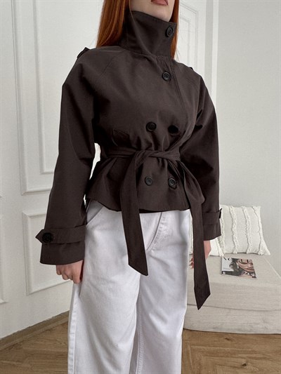 Kısa Kruvaze Omuz Apoletli Trenç Kahve