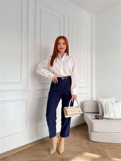 Kıvrık Paça Kemerli Pantolon İndigo