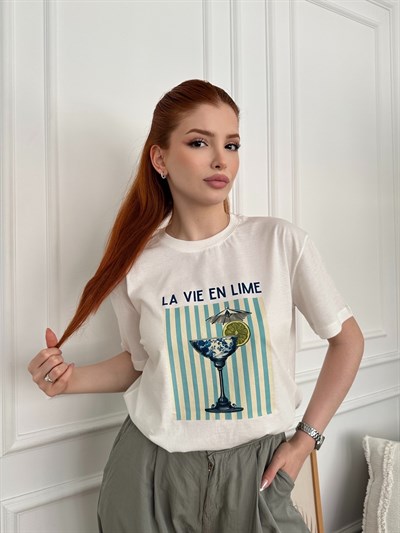 Kokteyl Baskılı T-shirt Ekru