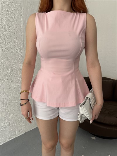 Kolsuz Peplum Bluz Toz pembe