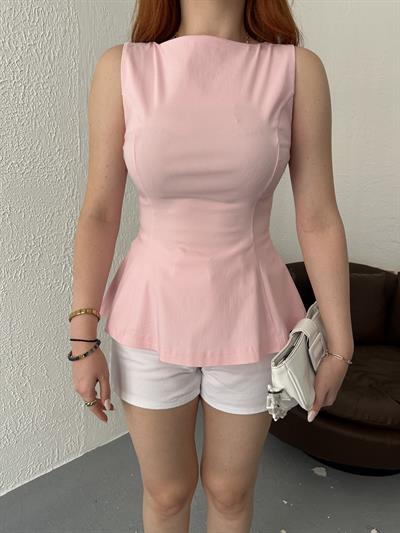 Kolsuz Peplum Bluz Toz pembe