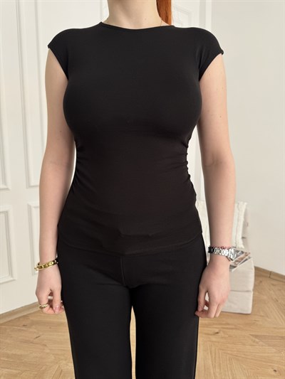 Kolsuz Yanları Büzgülü Basic Badi Siyah