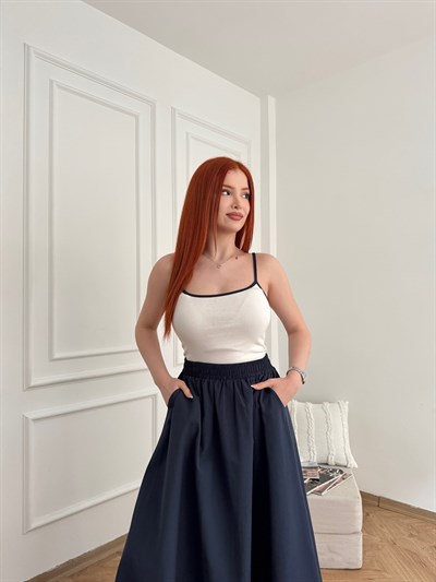 Kontrast Biyeli İp Askılı Atlet Ekru