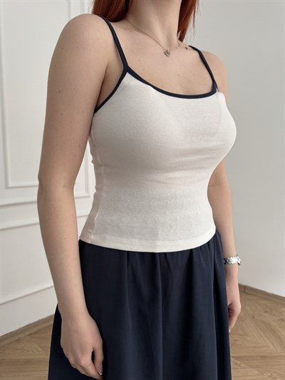 Kontrast Biyeli İp Askılı Atlet Ekru