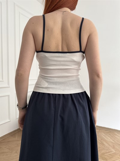 Kontrast Biyeli İp Askılı Atlet Ekru