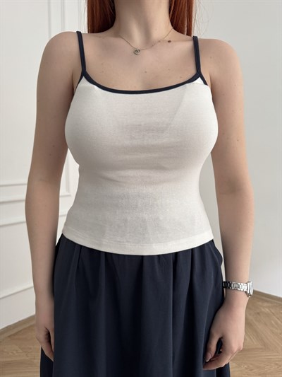 Kontrast Biyeli İp Askılı Atlet Ekru