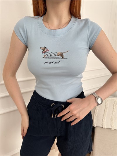 Köpek Baskılı Slim T-shirt Bebe mavi