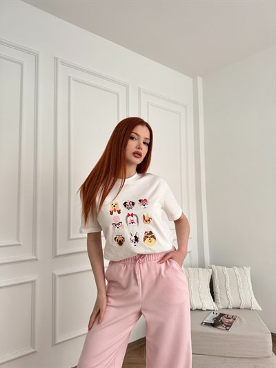 Köpek Baskılı T-shirt Ekru