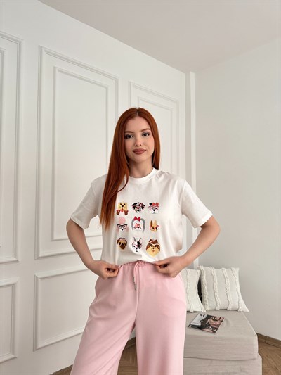 Köpek Baskılı T-shirt Ekru
