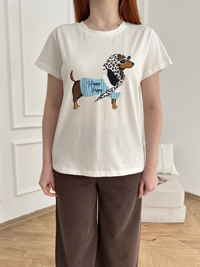 Köpek Baskılı T-shirt Ekru