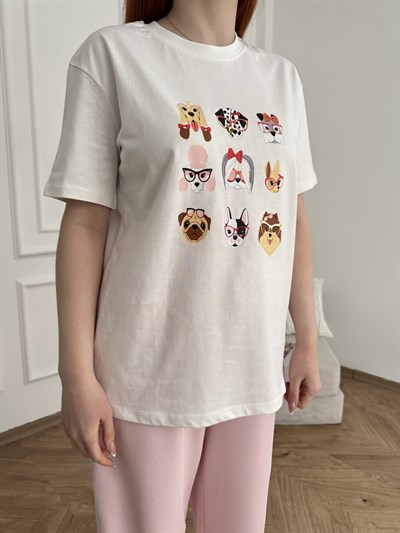 Köpek Baskılı T-shirt Ekru