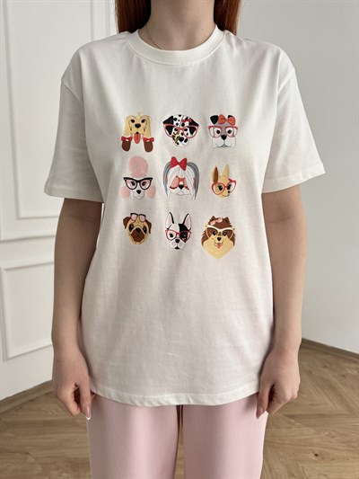 Köpek Baskılı T-shirt Ekru