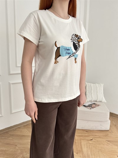 Köpek Baskılı T-shirt Ekru