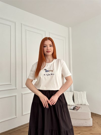 Köpek Nakışlı T-shirt Ekru