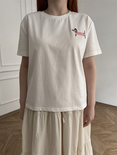 Köpek Nakışlı T-shirt Ekru