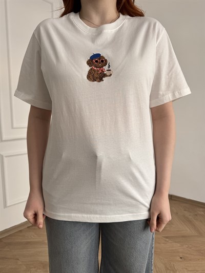 Köpek Nakışlı T-shirt Ekru