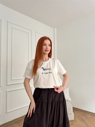 Köpek Nakışlı T-shirt Ekru