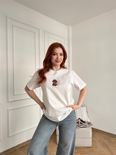Köpek Nakışlı T-shirt Ekru
