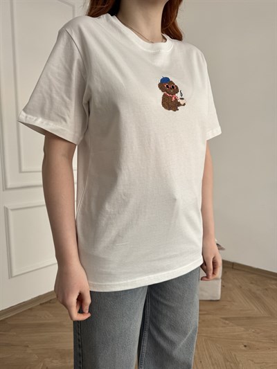 Köpek Nakışlı T-shirt Ekru