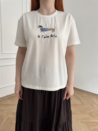 Köpek Nakışlı T-shirt Ekru