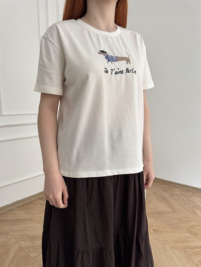 Köpek Nakışlı T-shirt Ekru