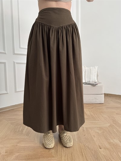 Korsajlı Poplin Etek Kahve
