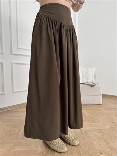 Korsajlı Poplin Etek Kahve