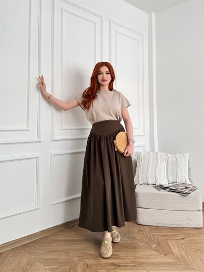 Korsajlı Poplin Etek Kahve