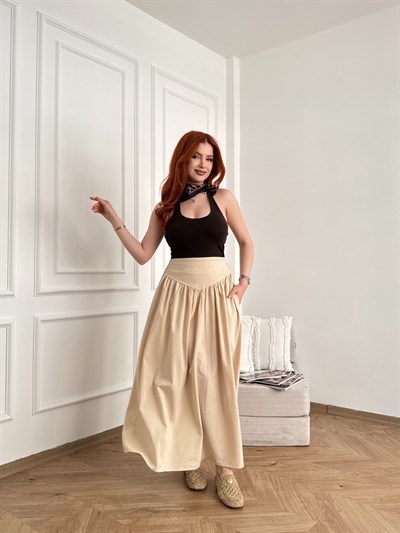 Korsajlı Poplin Etek Taş