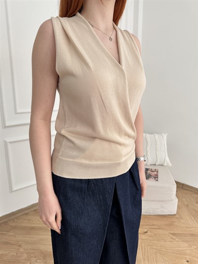 Kruvaze Kolsuz Triko Bluz Taş