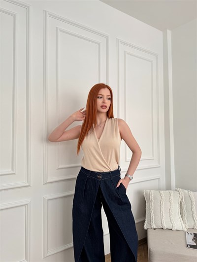 Kruvaze Kolsuz Triko Bluz Taş