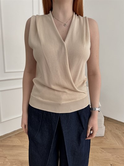 Kruvaze Kolsuz Triko Bluz Taş