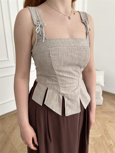 Kurdele Bağcıklı Crop Bluz Bej